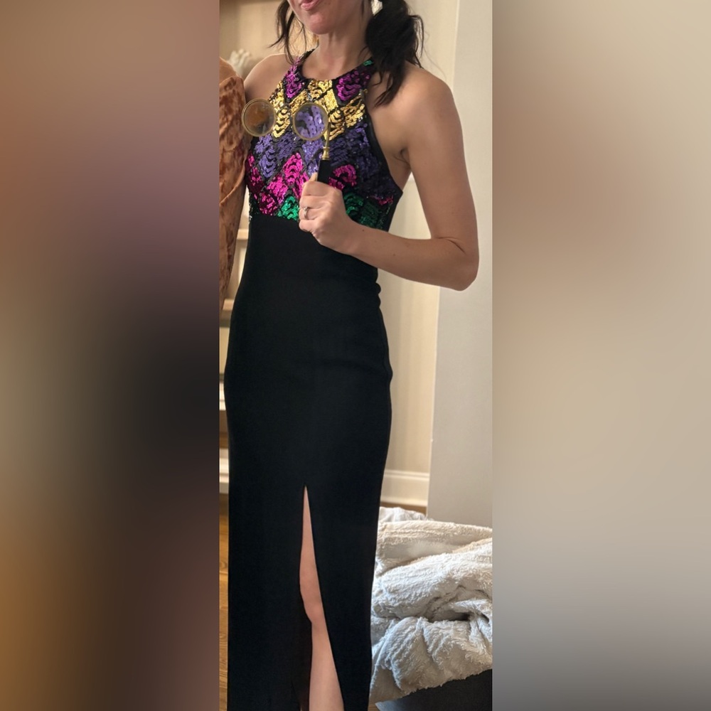 Multicolor Sequin and Black Vintage Gown with side slit, size 4
